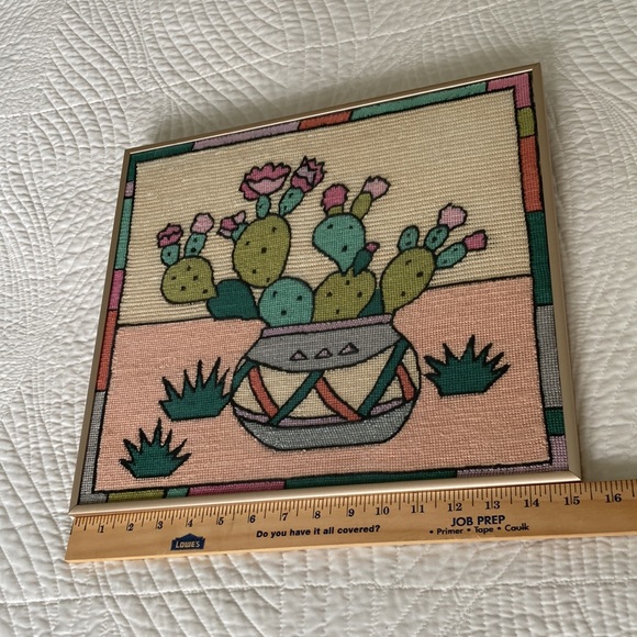 Vintage framed Needlepoint Art cactus bloom desert adobe pot southwestern cacti - Picture 5 of 7
